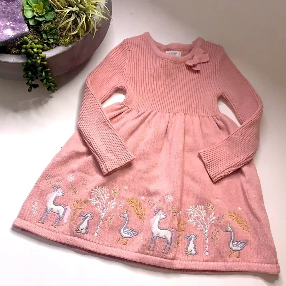 NWOT ASPEN KIDS Pink majestic unicorn animal embroidered knit dress 2T